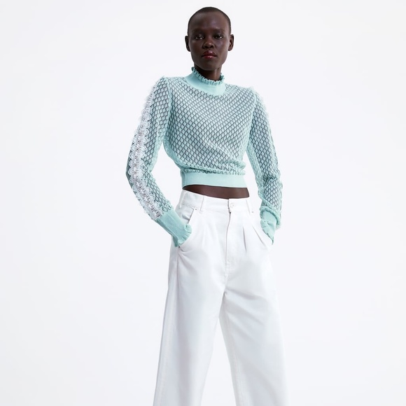 NWT ZARA KNIT SWEATER WITH RUFFLES Mint SMALL - Picture 3 of 8